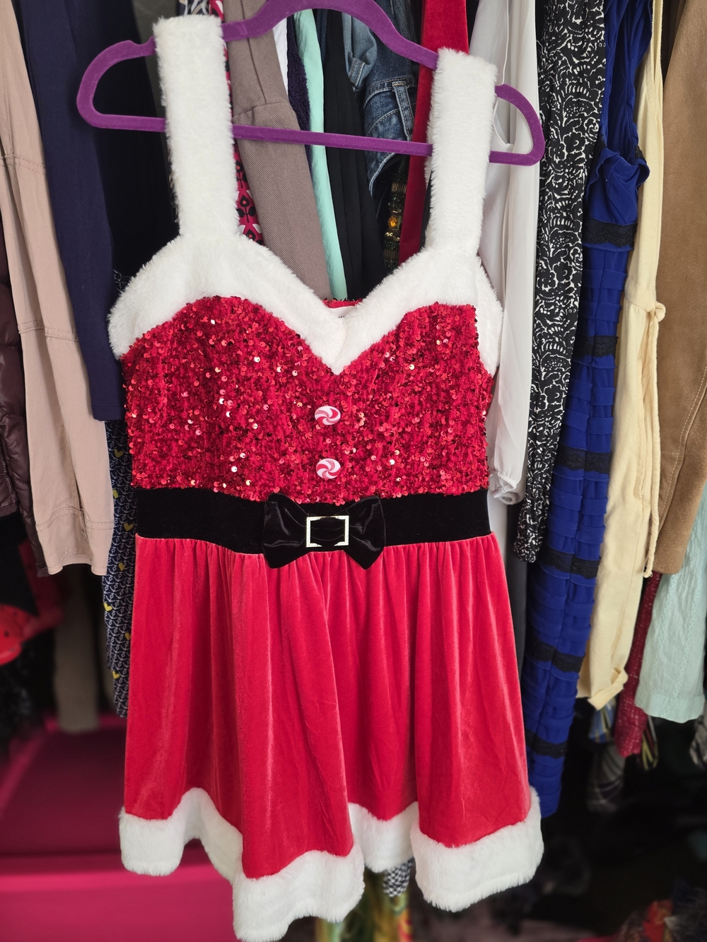 No Boundaries Red Sequin Holiday Dress with White Faux Fur Trim